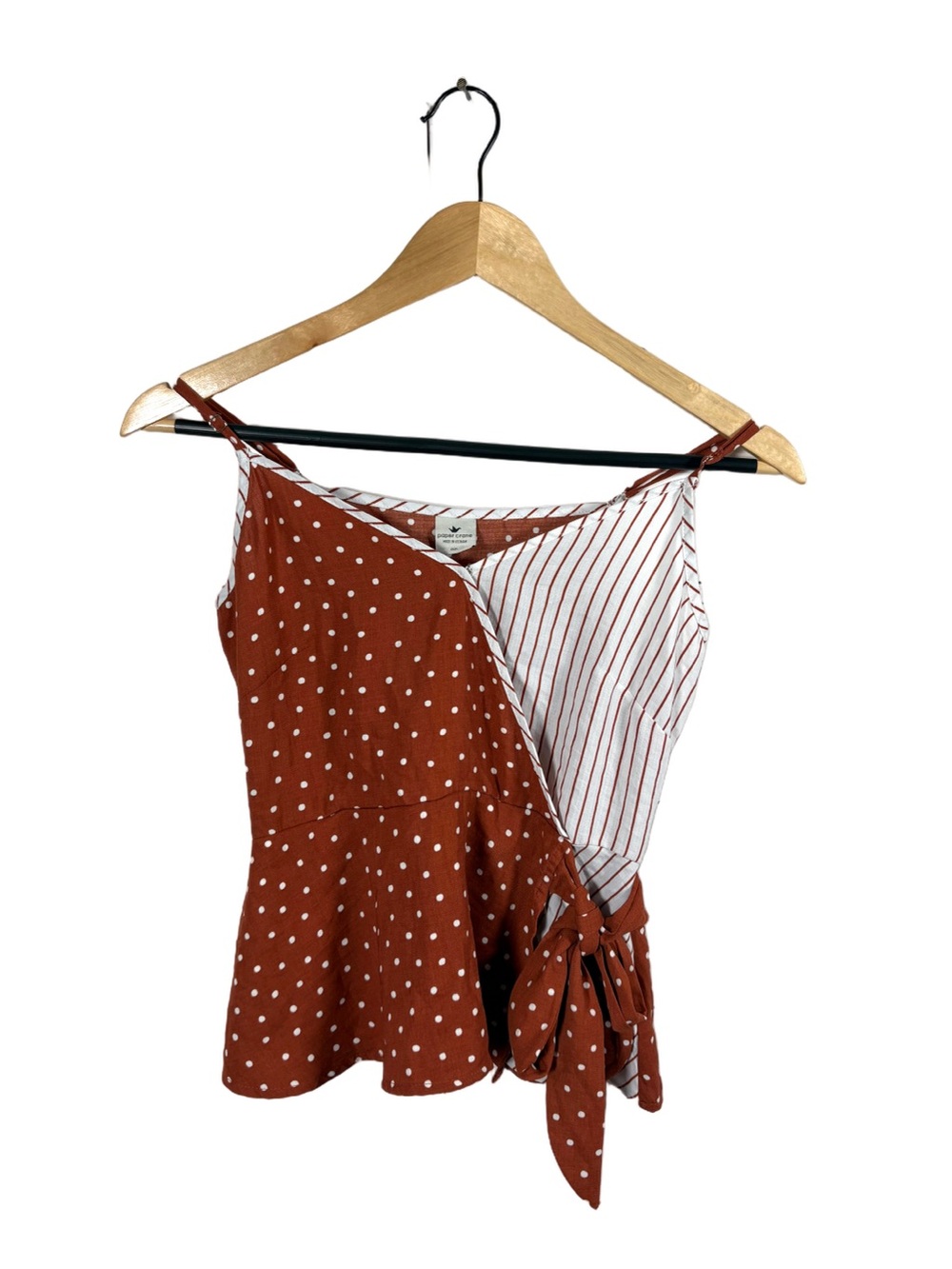 Paper Crane XS Rust Polka Dot Stripe Faux Wrap Tank Top Side Tie Boho